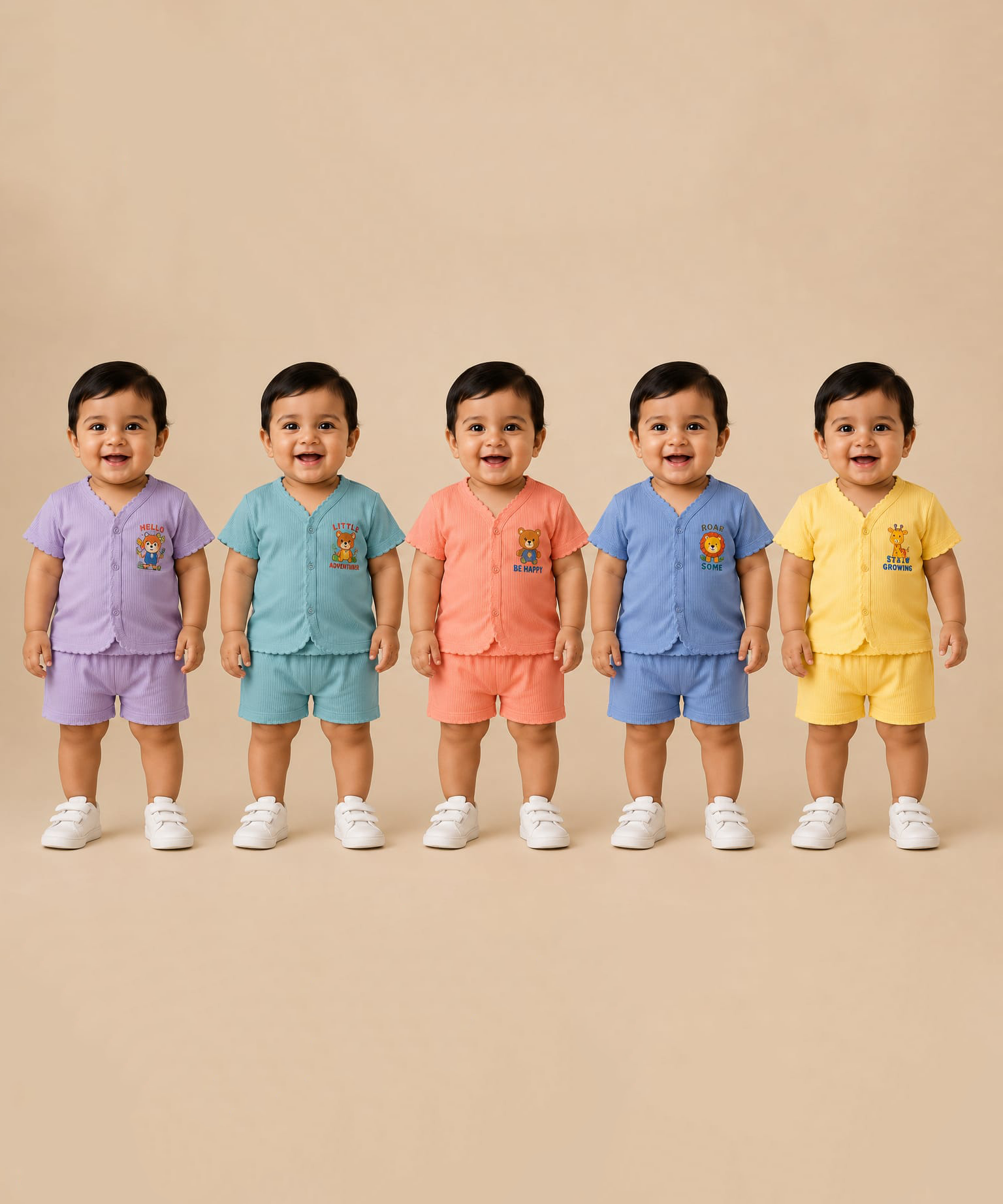 Boy & Girl Babies Poly Cotton Half Sleeve Printed Top & Shorts Co-ord Set | 0-6 Months (Pack of 5) - Style 4