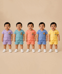 Boy & Girl Babies Poly Cotton Half Sleeve Printed Top & Shorts Co-ord Set | 0-6 Months (Pack of 5) - Style 4