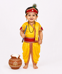 Janmashtami Krishna Fancy Dress Costume for Boys & Girls with Top & Bottom | 0 to 10 Years | Littile Krishna Outfit with Crown, Flute & Accessories