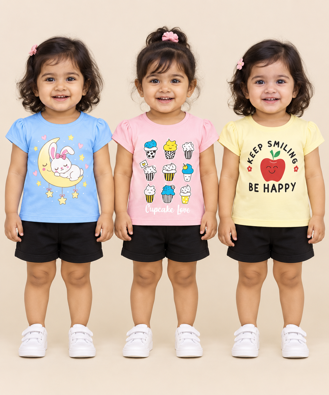 Baby Girls All Over Printed Cotton T-Shirt Multi Colour | Age 3 to 24 Months (Pack of 3 Pieces)