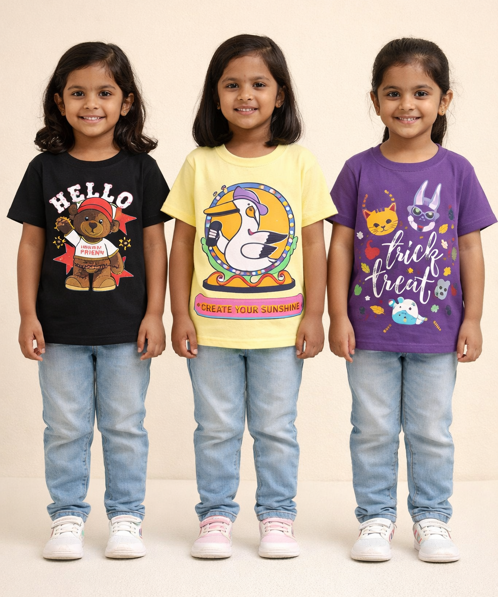 Kids 100% Cotton Fine Tshirt With Printed Multi Colour | Age 1 to 6 Years (Pack of 3 Pieces)