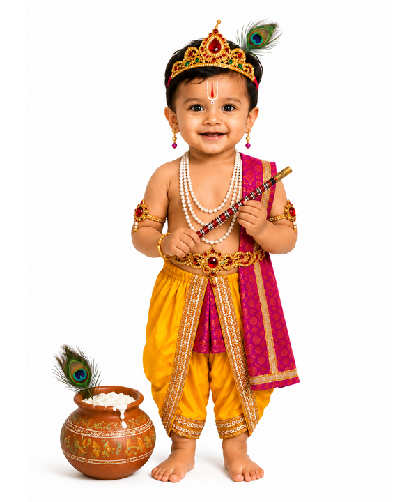 Little Krishna Fancy Dress Costume for Boys & Girls | 0 to 10 Years | Traditional Janmashtami Krishna Outfit with Crown, Flute & Accessories