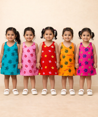Girls 100% Cotton Printed 0 To 4 Years Gown Dress/Frock Dress (Pack of 5)