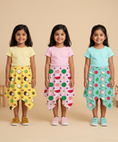 Cotton Fish Midi Floral Printed Skirt | Casual wear for Girl Kids Age 2 To 9 Years (Pack of 3)