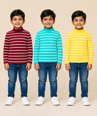 Kids Boys Full Sleeve Hi-Neck Stripes Rib T-shirt | Age 9 to 24 Months | Pack of 3 Pieces