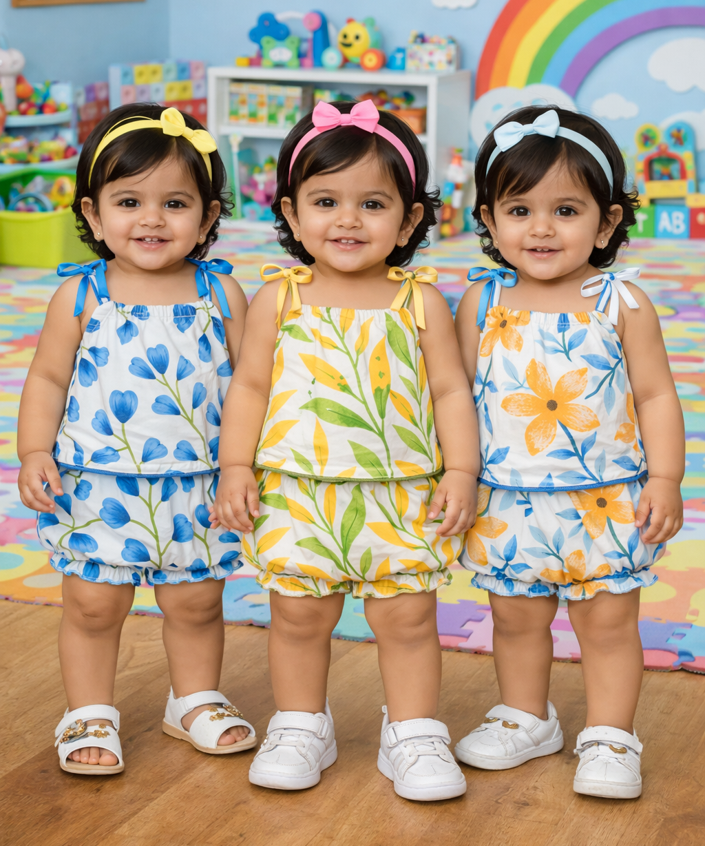 Boy & Girl Baby Printed Top Knot Dress | Top and Shorts Set | 100% Pure Cotton (Pack of 3 Sets Combo)