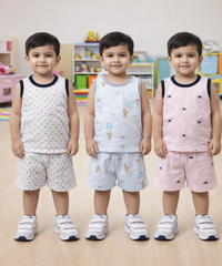 Boys Cotton Cartoon Printed Kids Sleeveless Set Combo | Age 0 to 3 Years | T-shirt & Shorts (Combo Set Pack of 3)