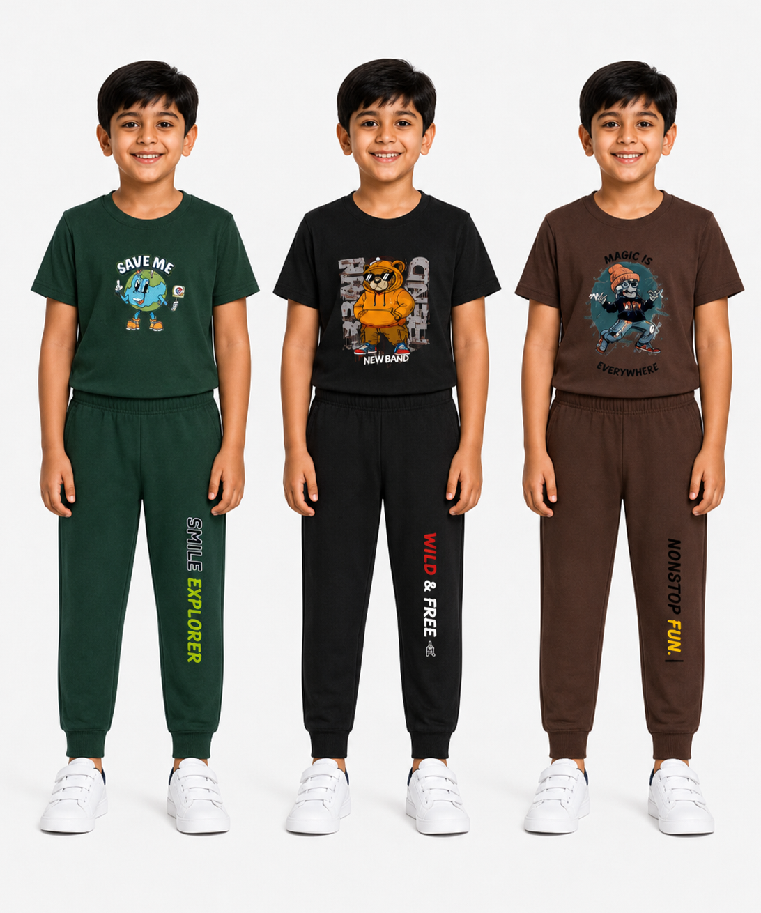 Boys Graphic Printed T-Shirt & Typography Track Pant Co-Ord Set | Age 2-5 Years | Pack Of 3 Set