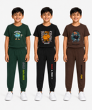 Boys Graphic Printed T-Shirt & Typography Track Pant Co-Ord Set | Age 2-5 Years | Pack Of 3 Set