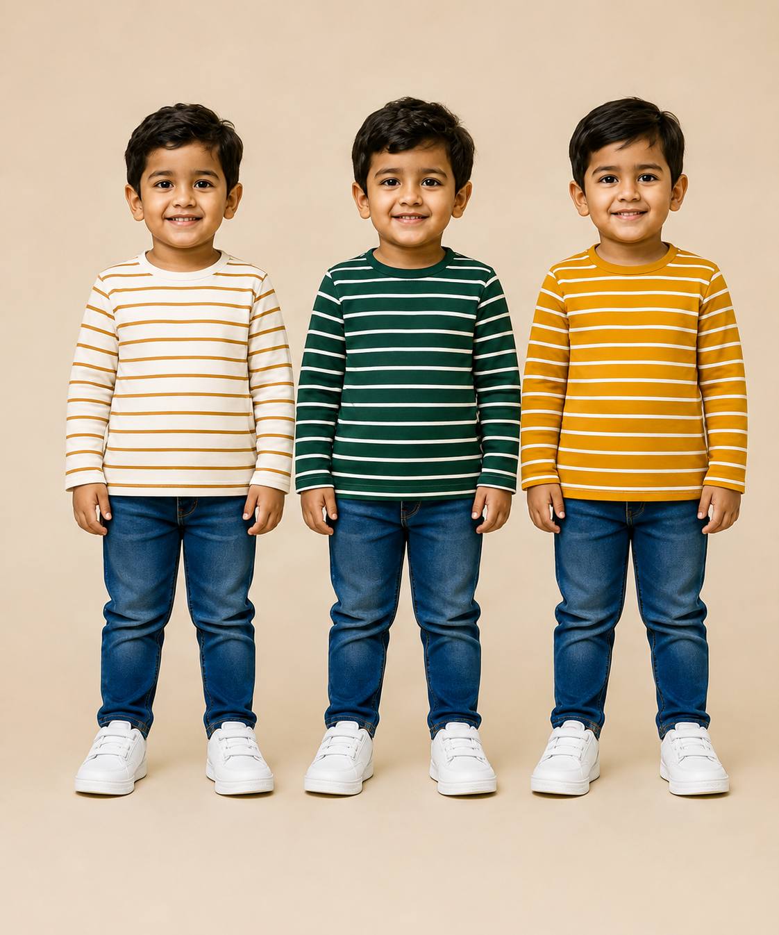 Kids Boys Cotton Stripes Full Sleeve T-shirt | Age 0-3 Years (Pack of 3)