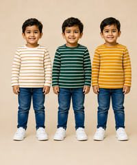 Kids Boys Cotton Stripes Full Sleeve T-shirt | Age 0-3 Years (Pack of 3)