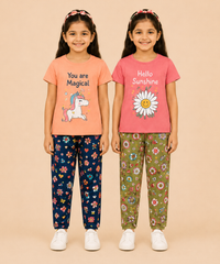 Girls Printed Cotton Night Suit Combo | Graphic Printed T-Shirts & Floral Night Pant | Age-2 to 6 Years | Pack Of 2 Sets