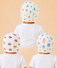 Baby Muslin Cotton Printed Bonnet Cap with Chin Tie – Soft & Comfortable Infant Headwear | 0–12 Months (Pack of 3)