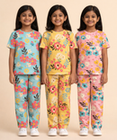 Girl Kids All Over Printed Co-ord Set | Tshirt and Pant | Age 2 to 10 Years (Pack of 3 Sets)