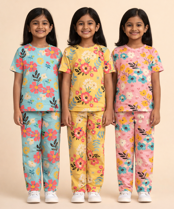 Girl Kids All Over Printed Co-ord Set | Tshirt and Pant | Age 2 to 10 Years (Pack of 3 Sets)