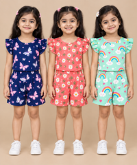 Girls All Over Printed | Flutter Sleeve Tshirt and Shorts Co-ord Set | Age 0 to 3 Years (Pack of 3 Sets)