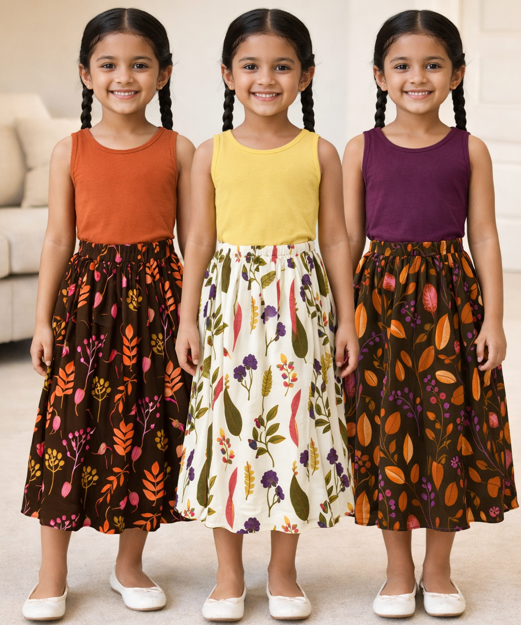 Rayon Floral Printed Skirt | Casual wear for Girl Kids Age 1 To 6 Years (Pack of 3)