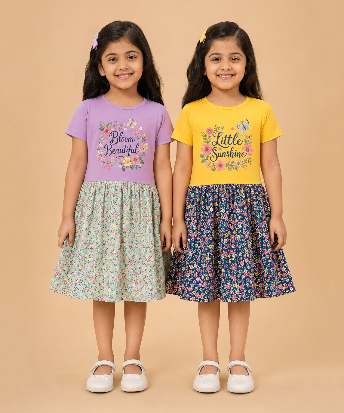 Girls Printed Half Sleeve Cotton Contrast Frock Dress | Floral Knee Length Casual Wear for Kids | Age - 5 to 10 Years | (Pack of 2)