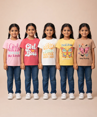 Cotton Half Sleeve Girls T-shirt Front Printed Multi Color | Age 2 to 7 Years (Pack of 5 Pieces)