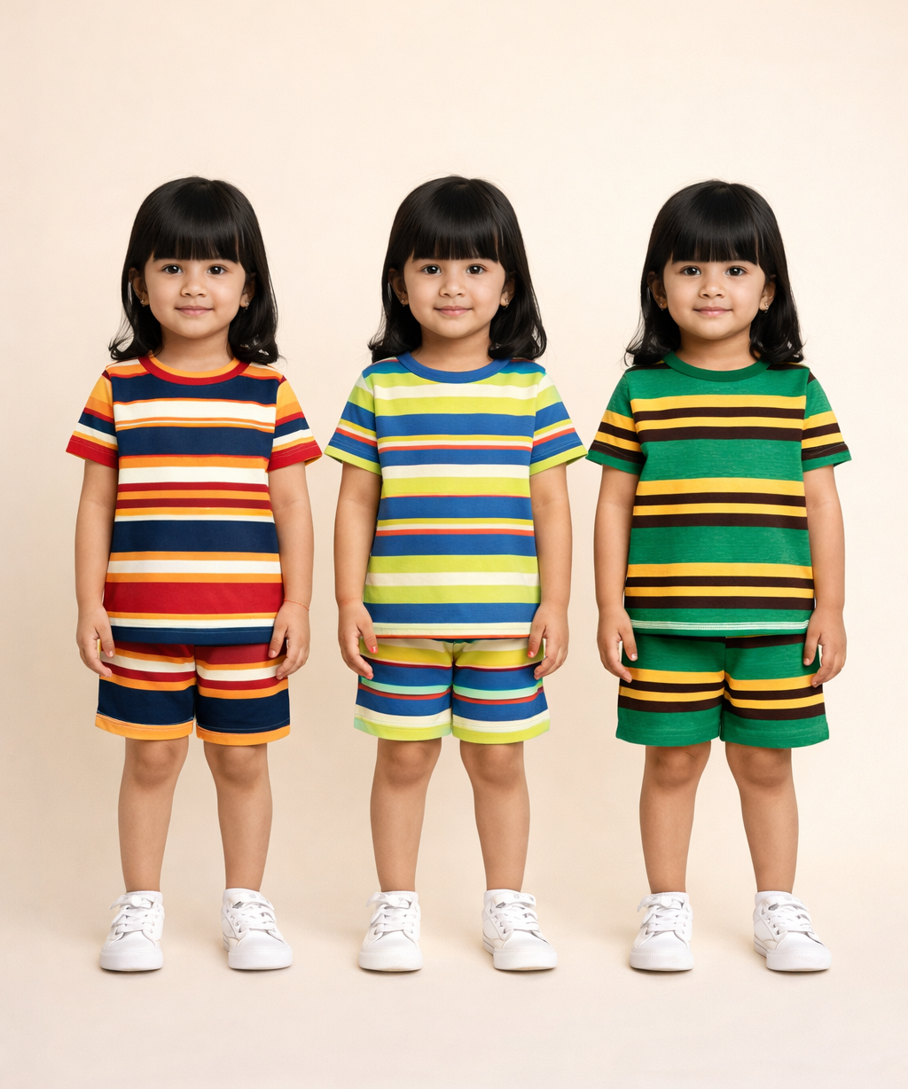 Girls Cotton Stripes Kids Co-ord Set Combo / Age 1-4 Years | T-shirt & Shorts (Combo Set Pack of 3)