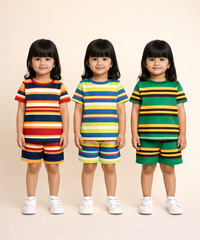 Girls Cotton Stripes Kids Co-ord Set Combo / Age 1-4 Years | T-shirt & Shorts (Combo Set Pack of 3)