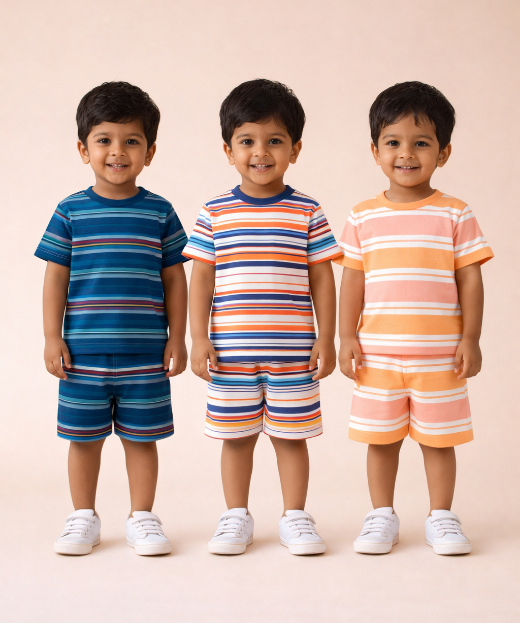 Boys Cotton Stripes Kids Co-ord Set Combo / Age 1-4 Years | T-shirt & Shorts (Combo Set Pack of 3)