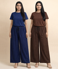 Crinkle Cotton Palazzo Pant | Casual Night wear for Women (Pack of 2)