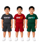 Kids Typography Print T-Shirt & Shorts Co-Ord Set for Boys | Age 6 Months-3 Years | Pack Of 3 Set Combo