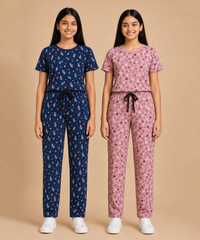 Girls Cotton All-Over Printed T-Shirt & Full-Length Pant Night Suit | Age - 9 to 15 Years | Pack of 2 Sets