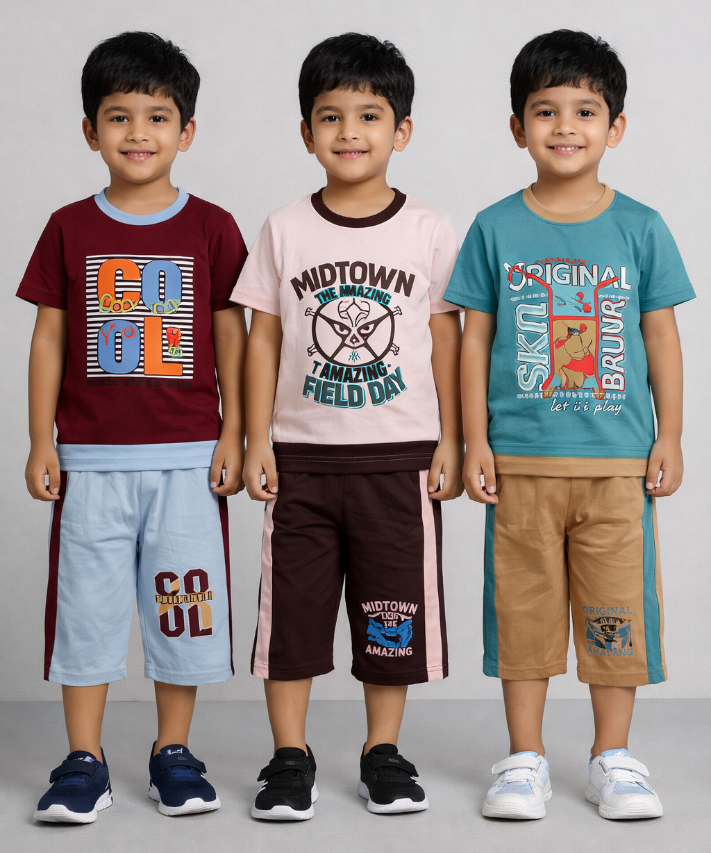 Boy Kid Co-ord Set | Half sleeve T-shirt and 3/4 pant for Boy Kids | Sizes Age 4 to 7 Years (Pack of 3 Set) - 927