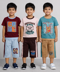 Boy Kid Co-ord Set | Half sleeve T-shirt and 3/4 pant for Boy Kids | Sizes Age 4 to 7 Years (Pack of 3 Set) - 927