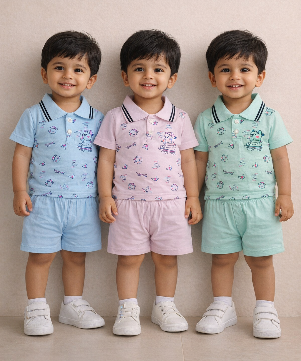 Boy & Girl Baby Unisex Cotton Polo/Collar Babies Co-ord Set Combo / Age 0-24 Months (Tshirt & Shorts Set Pack of 3) - 2120
