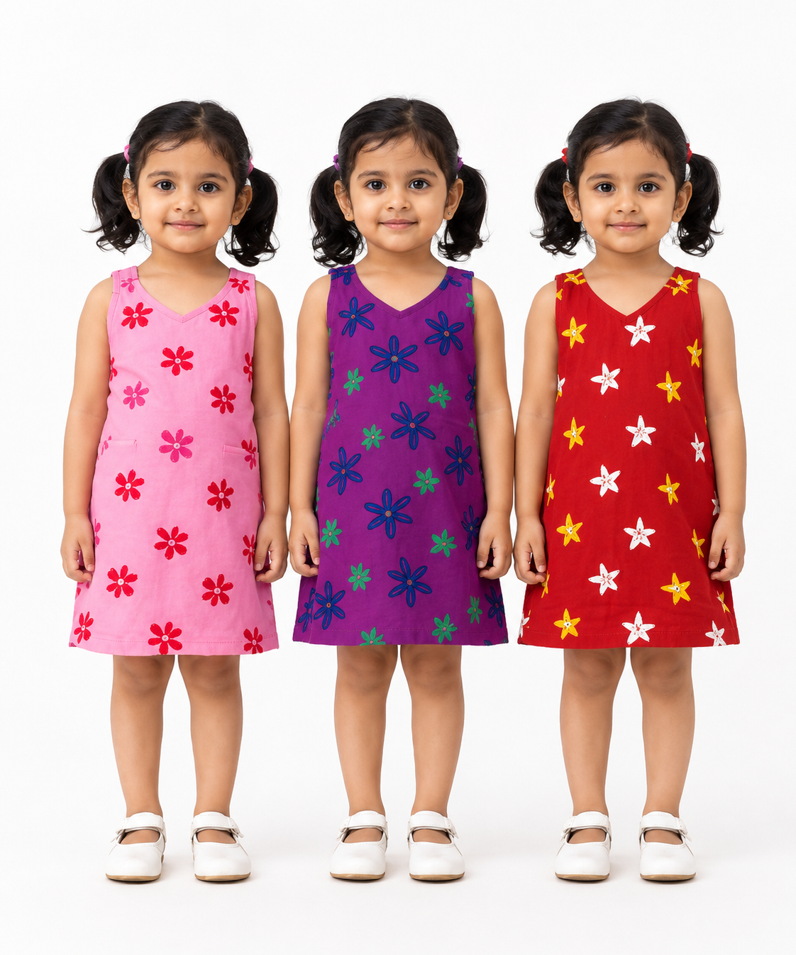 Girls 100% Cotton Printed 0 To 4 Years Gown Dress/Frock Dress (Pack of 3)