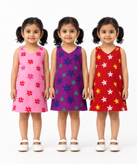 Girls 100% Cotton Printed 0 To 4 Years Gown Dress/Frock Dress (Pack of 3)