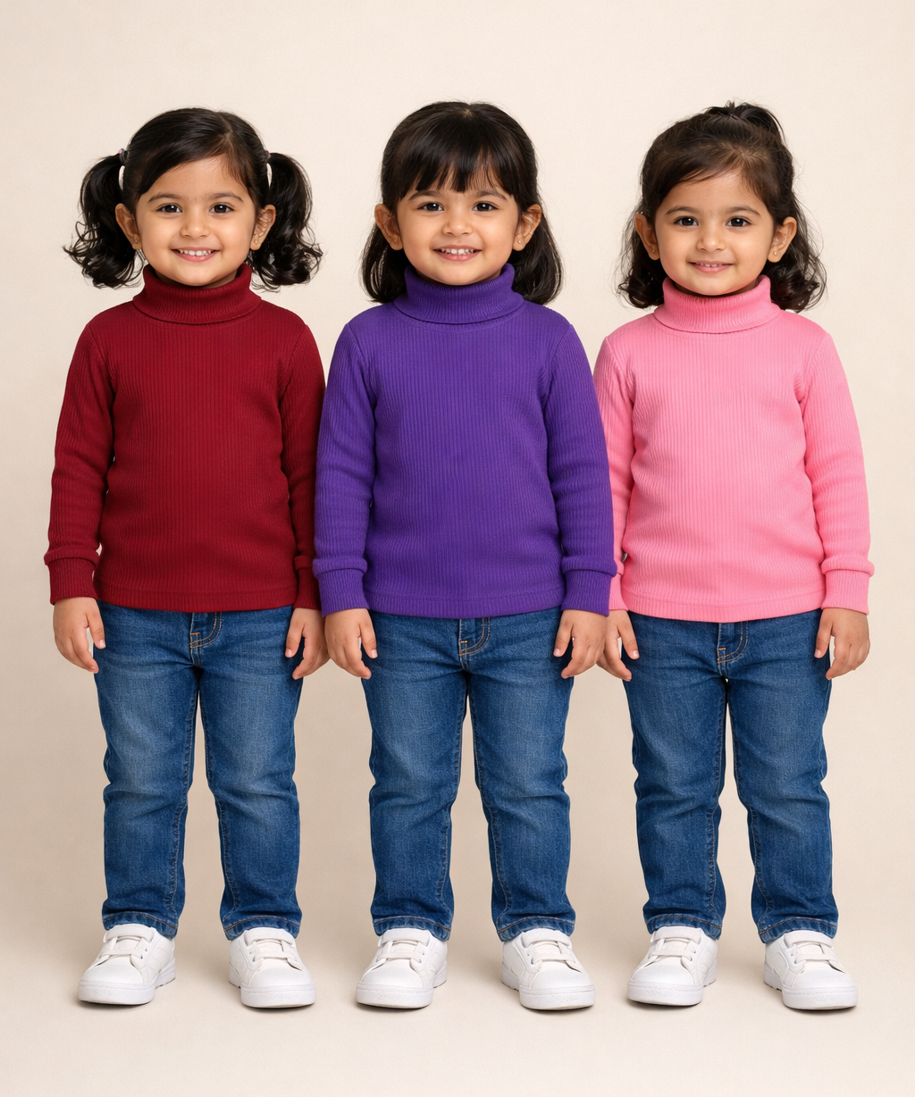 Kids Girls Full Sleeve Hi-Neck Plain Rib T-shirt | Age 0 to 5 Years (Pack of 3)