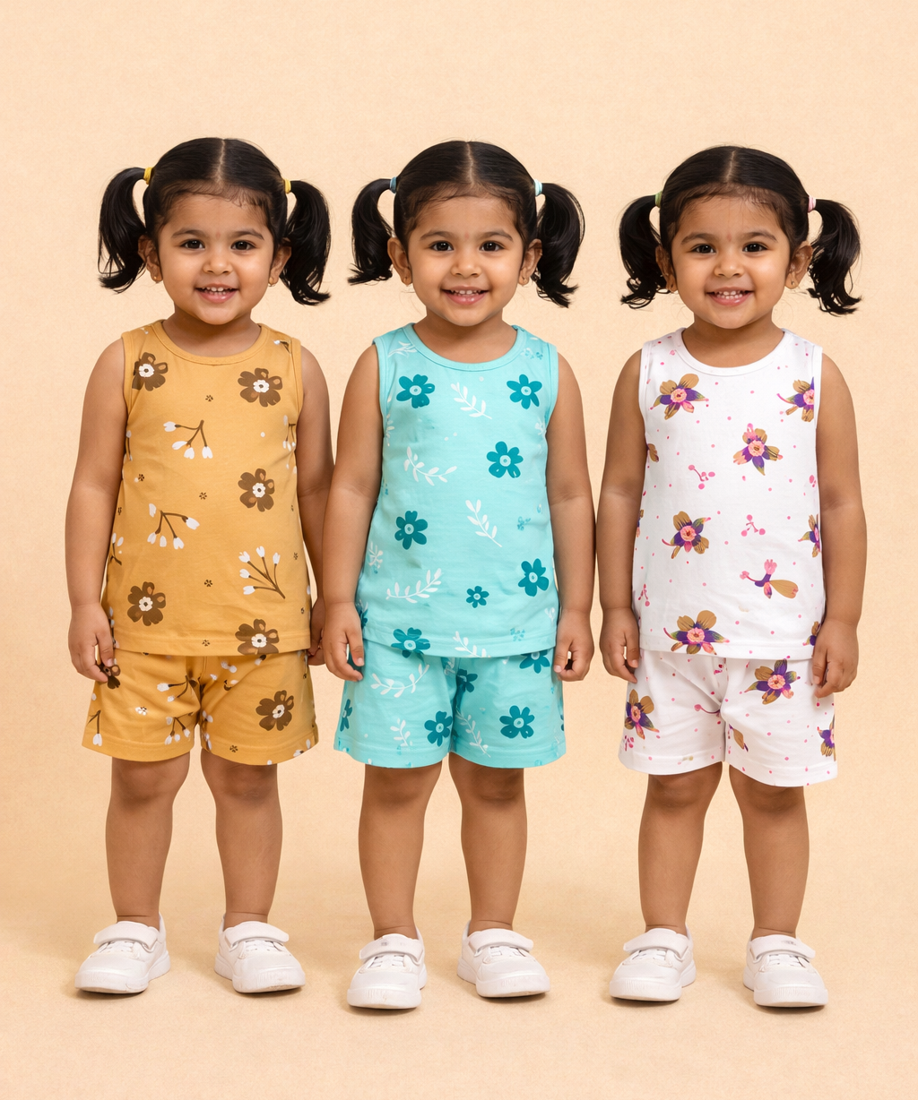 Girls Cotton Cartoon Printed Kids Sleeveless Set Combo | Age 0 to 3 Years | Sleeveless T-shirt & Shorts Co-ord Set (Pack of 3 Sets)