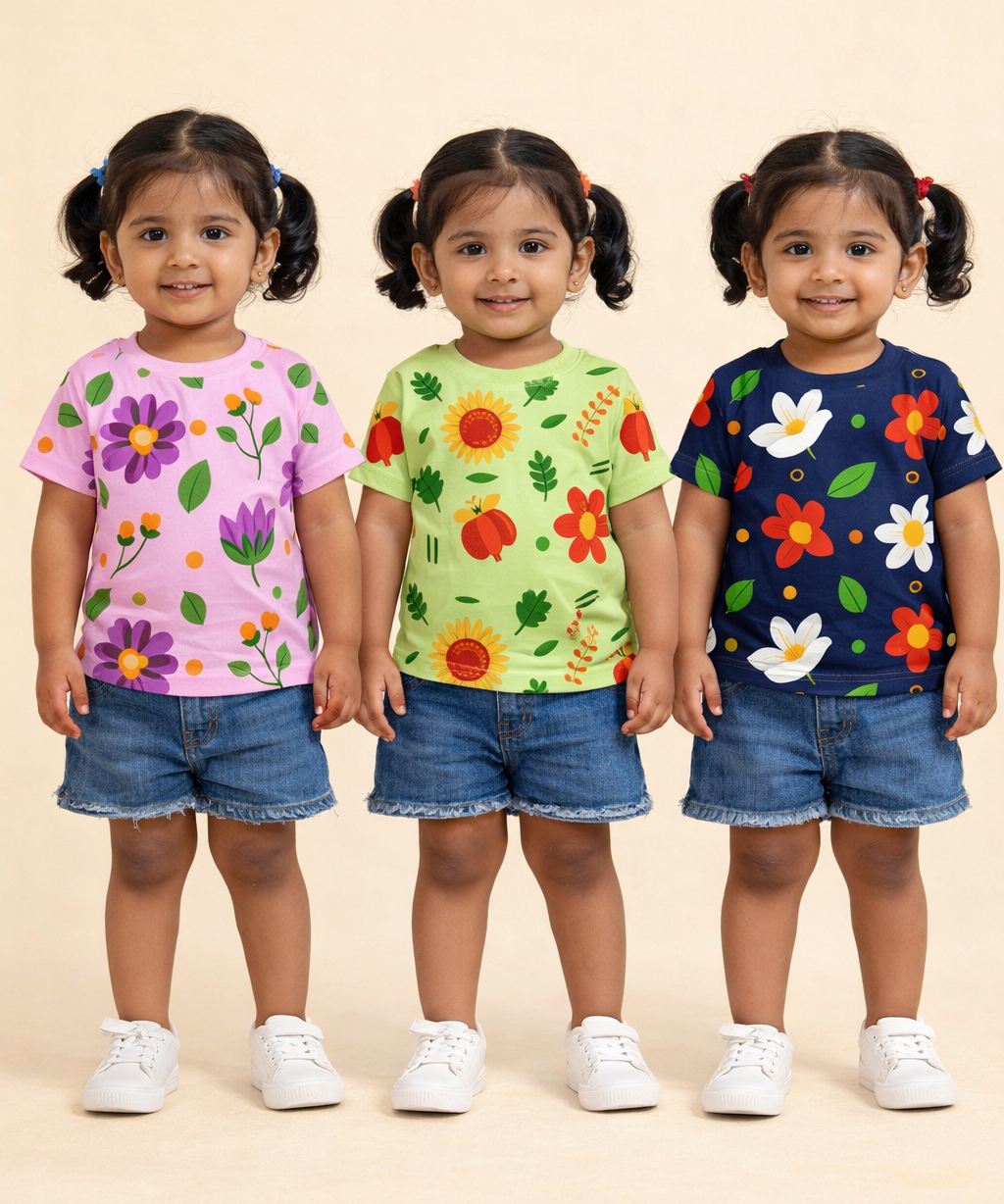 Kids Girls Cotton Printed T-shirt | 0 to 3 Years (Pack Of 3 Pieces)