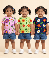 Kids Girls Cotton Printed T-shirt | 0 to 3 Years (Pack Of 3 Pieces)