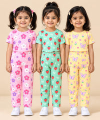 Girl Kids All Over Printed Tshirt and pant Co-ord Set | Age 6 Months to 4 Years (Pack of 3 Sets)
