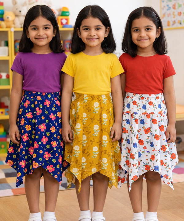 Cotton Fish Midi Floral Printed Skirt | Casual wear for Girl Kids Age 2 To 9 Years (Pack of 3)