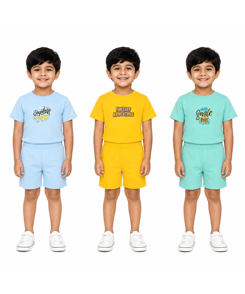 Kids Cartoon Print T-Shirt & Shorts Co-Ord Set for Boys | Age 6 Months-3 Years | Pack Of 3 Set Combo