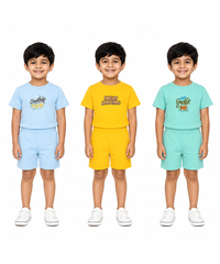 Kids Cartoon Print T-Shirt & Shorts Co-Ord Set for Boys | Age 6 Months-3 Years | Pack Of 3 Set Combo
