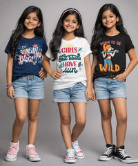 Girls Printed Casual Round Neck T-shirt (Pack of 3 Pieces)
