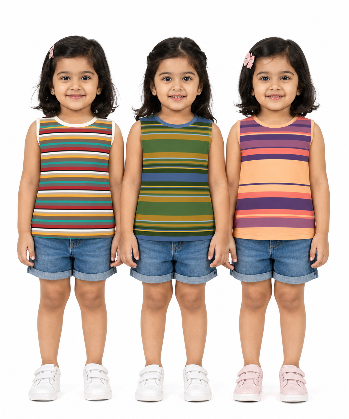 Cotton Stripes Girls Kids Sleeveless Tshirt (Pack of 3)