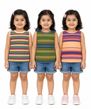 Cotton Stripes Girls Kids Sleeveless Tshirt (Pack of 3)