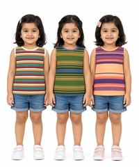 Cotton Stripes Girls Kids Sleeveless Tshirt (Pack of 3)