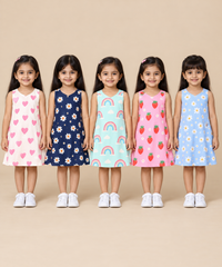 Girls 100% Cotton All Over Printed 2 To 5 Years Gown Dress/Frock Dress (Pack of 5)