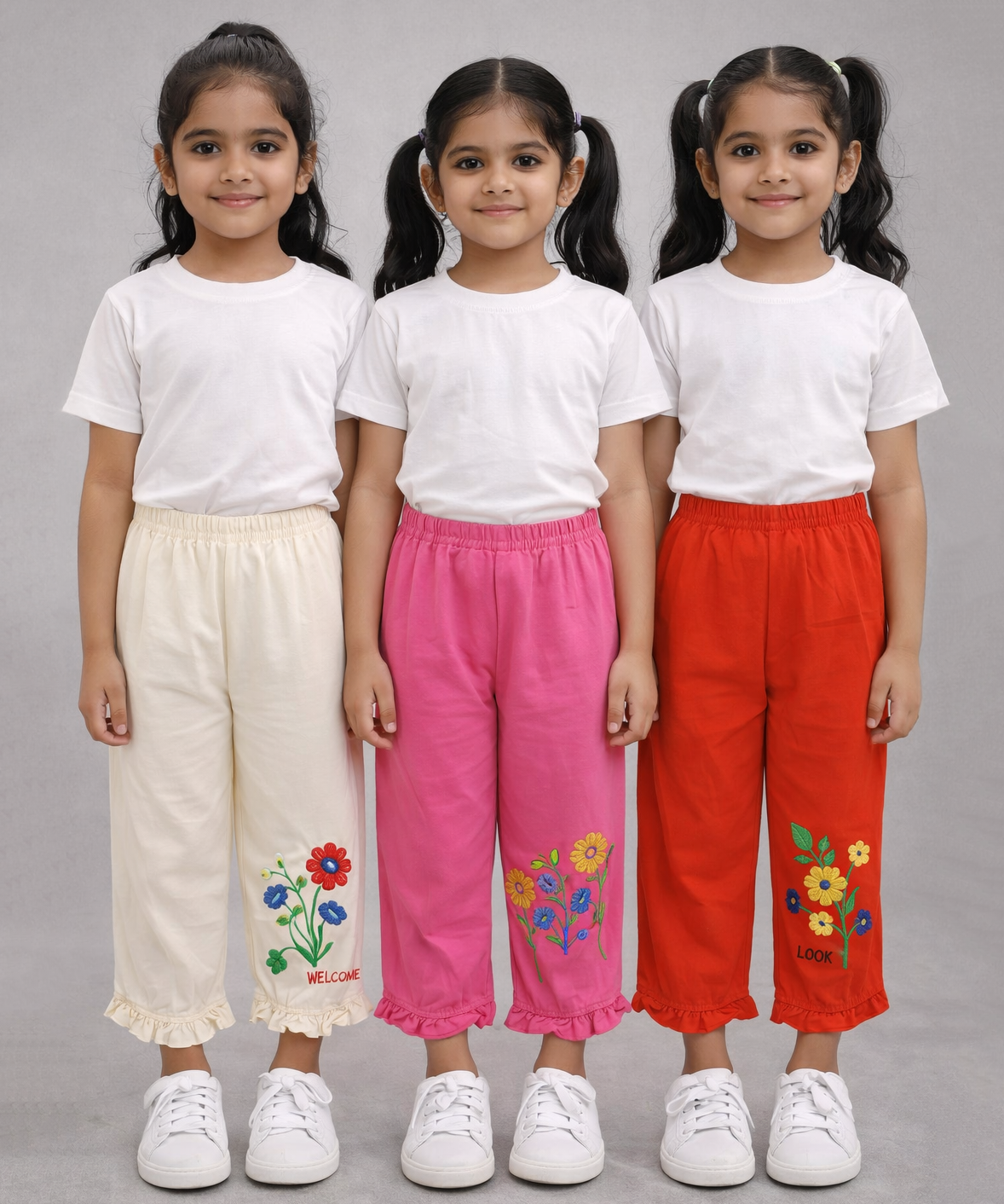 Pure Cotton Embroidered 3/4 Pajama Pant for Casual wear for Girl Kids Age 0 To 6 Years (Pack of 3)