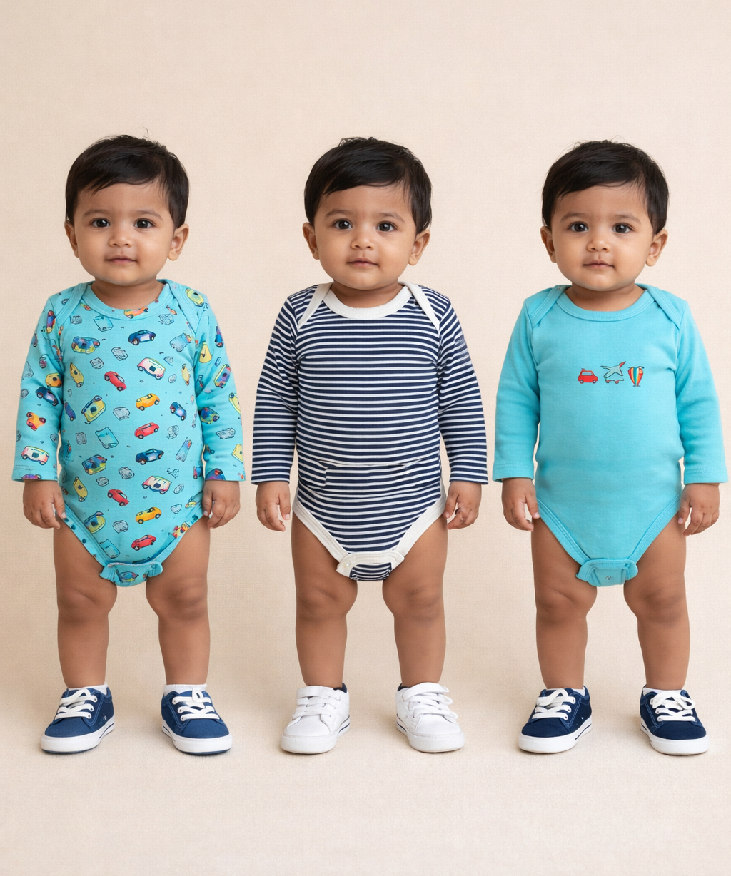 Boy & Girl Baby Long Sleeve Bodysuit | 100% Pure Cotton | Age 0-12 Months (Pack of 3 Combo)