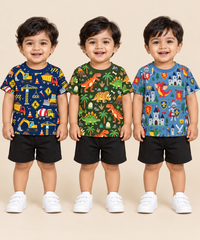Baby Boys All Over Printed Cotton T-Shirt Multi Colour | Age 0 to 36 Months (Pack of 3 Pieces)